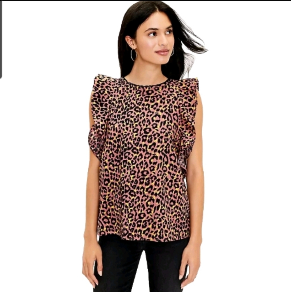Loft Leopard Print Top Cutout Back Ruffles 100% Cotton Size M